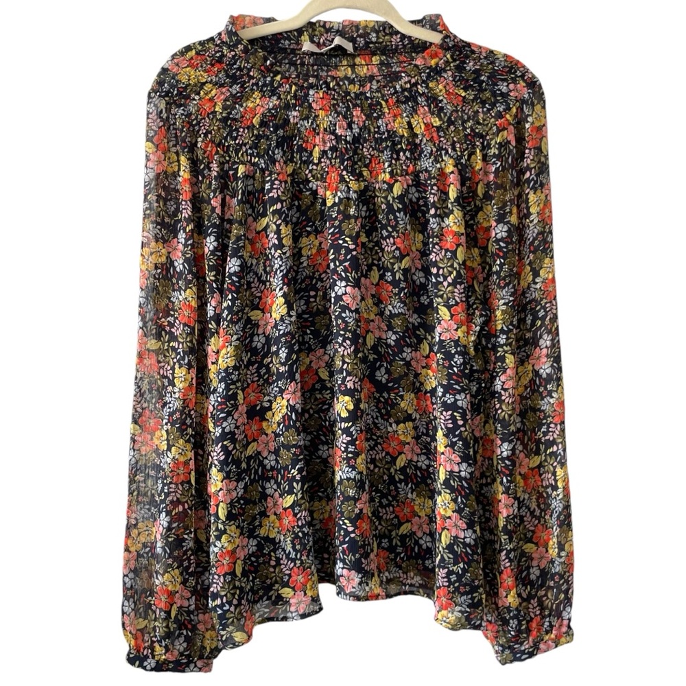 LOFT Women’s Floral Smocked Balloon Sleeve Blouse with Lining (L)